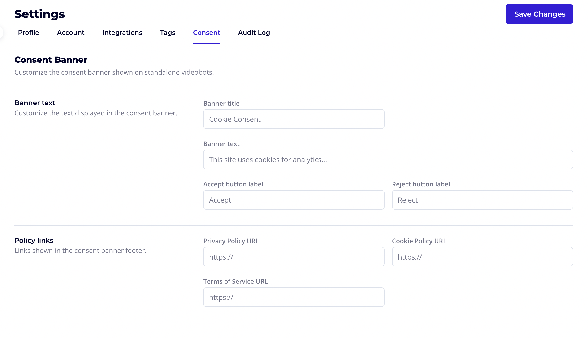 Consent banner settings