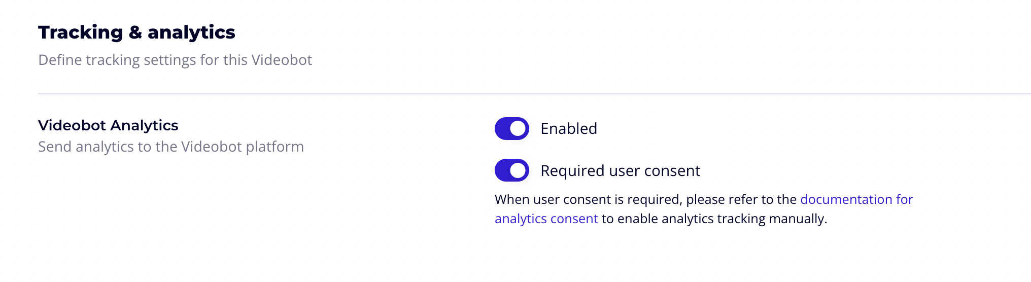 Tracking and analytics settings showing the Required user consent toggle