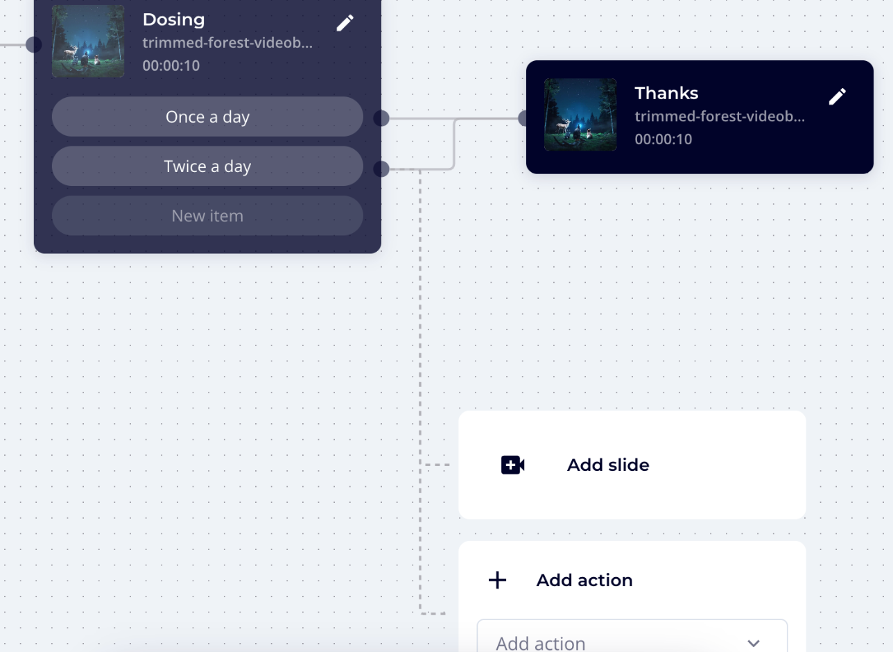 Add slide and Add action cards after dragging a button onto empty canvas